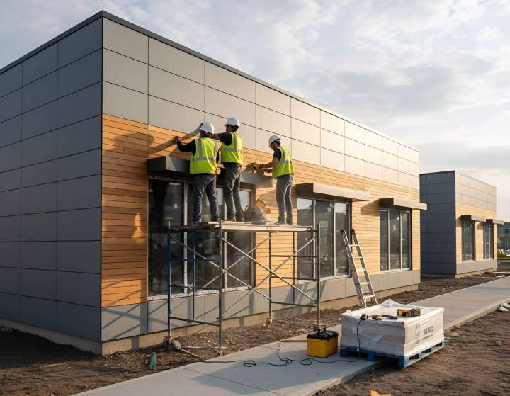 Pose revêtements extérieurs bâtiment commercial Québec